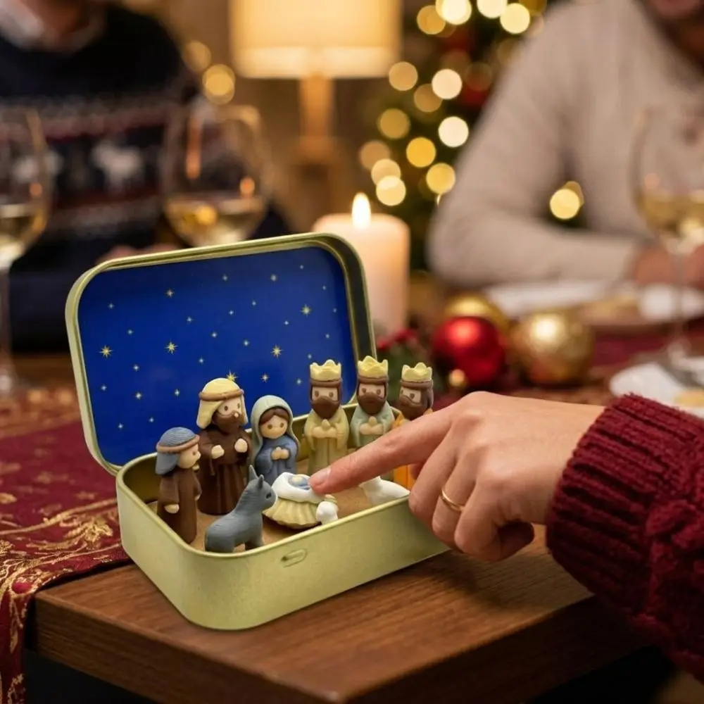 Metal Tin Box Mini Christmas Trough Set Holy Family 3D Printed Nativity Manger Scene Kit Shepherd Animal Hand Painted