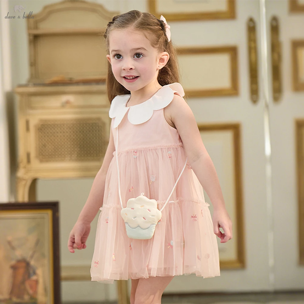 Dave Bella Children Princess Mesh Dress Embroidery Girls Summer Sleeveless Dress with Bag Kids Sweet Party Clothes DB2261510