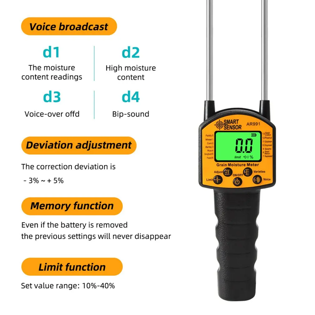 Handheld LCD Digital Grain Moisture Meter Hygrometer with Measuring Probe for Corn Wheat Rice Bean