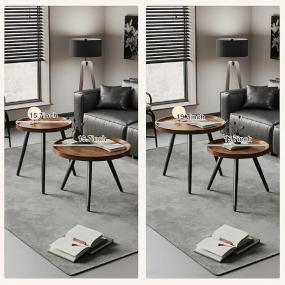 2 PCS Small Round Coffee Table, Walnut Nesting Tables for Small Spaces, Mid Century Modern Centre Table, Easy Assembly Circle Co