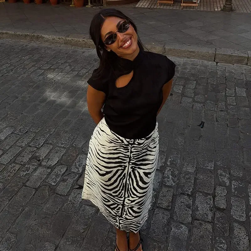 Vintage Damen Zebra-Print Midi-Rock mit niedriger Taille, geradem Schnitt und Reißverschluss, knielanger Rock für Damen, Sommer 2026, vielseitig kombinierbare Unterteile – Detail 7