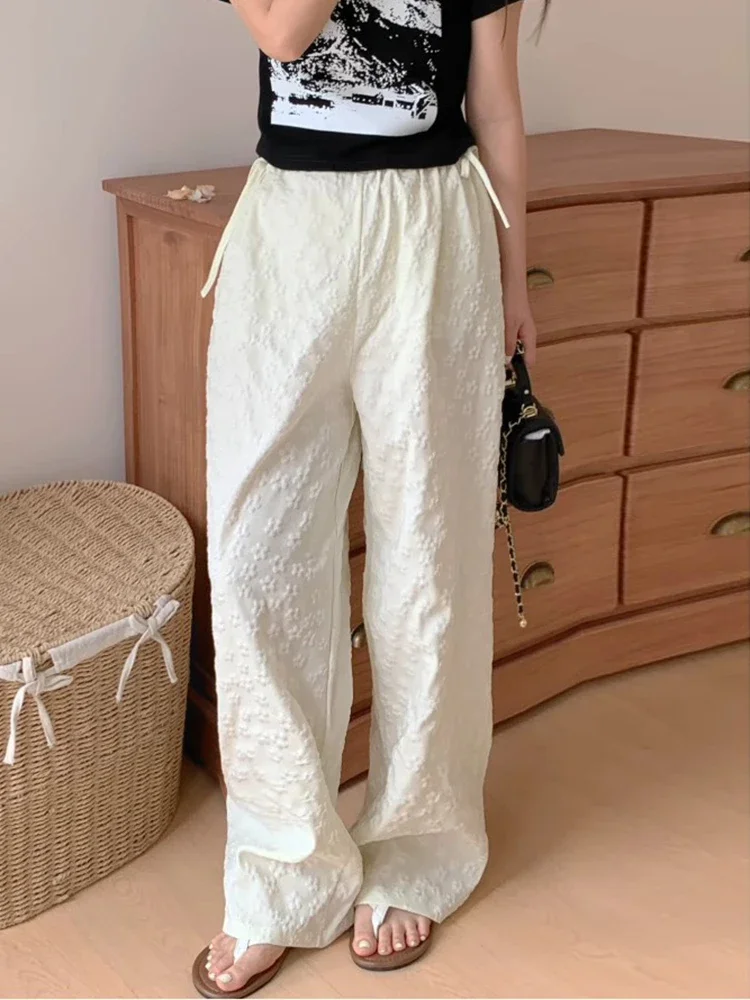 

South korea Chic Spring Design Lace-up Bow High Waist Versatile Jacquard Casual Straight Pants Trousers Women