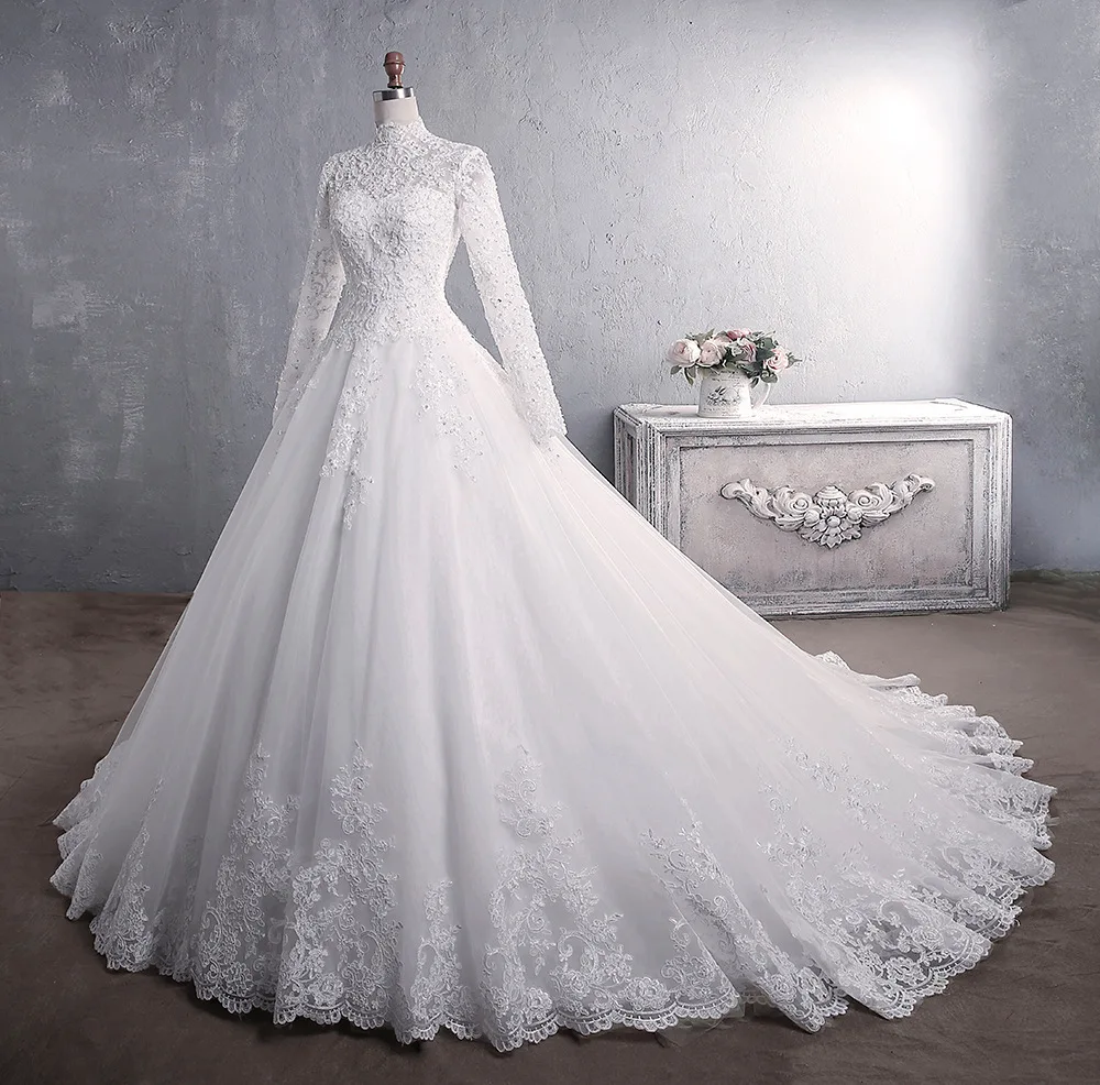 

European and American Wedding Dress Lace New Style Bridal Stand Collar Long Sleeve Large Tail Size Muslim Custom