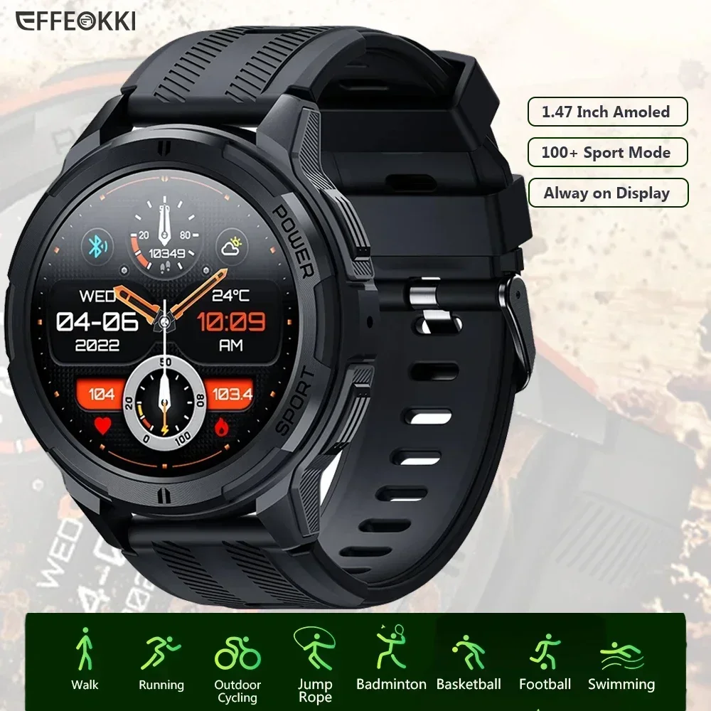 C25 Rugged 1.43 Inch Amoled Military Smart Watch Gentlemen Round Smartwatch Pressure Waterproof BT Call Army Style