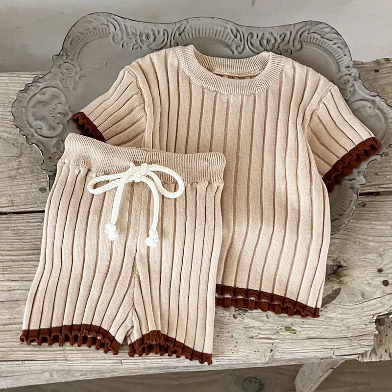 2025 New Spring Newborn Baby Girls Boys Clothing Set Short Sleeved Knitted Pullover Sweater+Shorts Children Clothes Suit