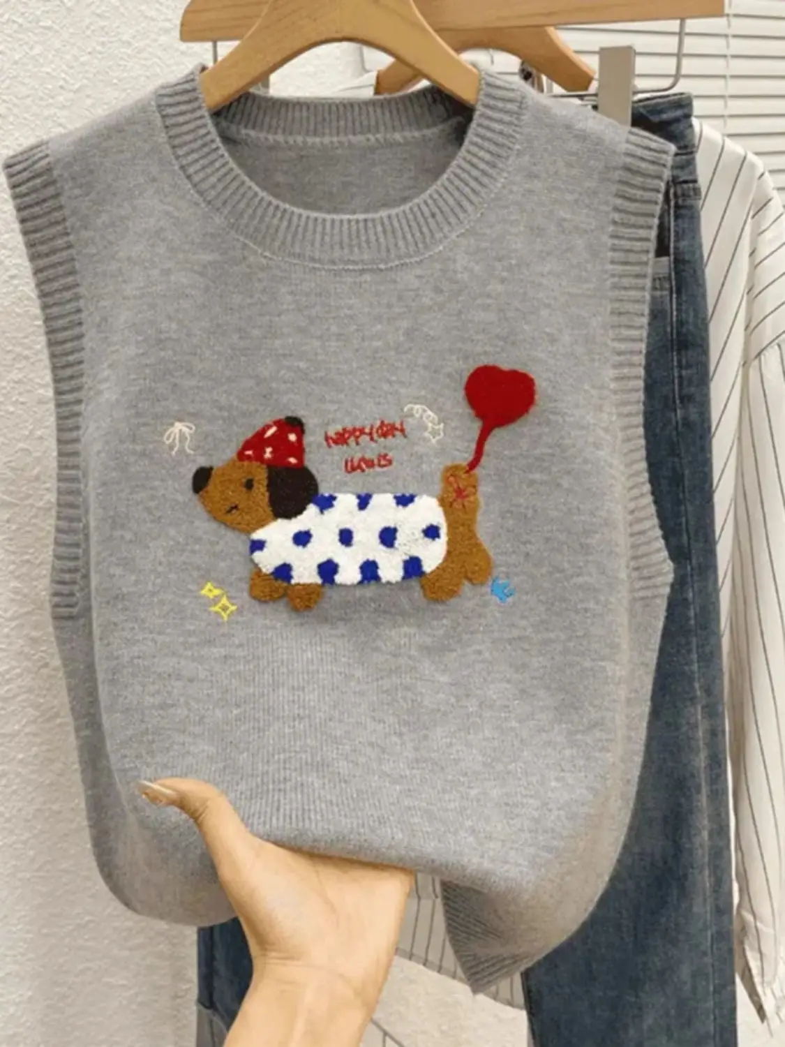 

Korean Cute Puppy Embroidery Sweater Vest Gray Knitwear Preppy-style Kawaii Sleeveless Jackets Winter Autumn Lolita Girls Y2K