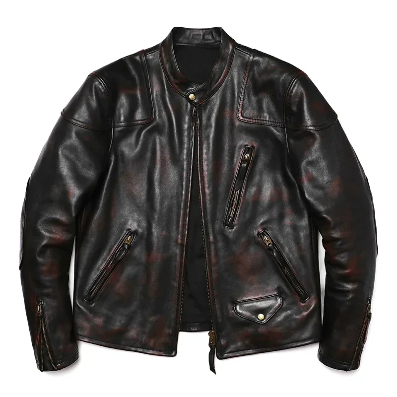 Same Venom Vintage Style Bicolor Horsehide Jacket Men's Slim High Quality Genuine Leather Coat Luxury Motorcycle Biker Clothing