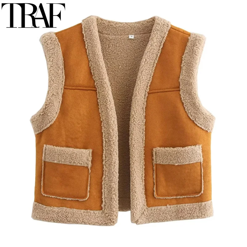 TRAF Womens Coat Vest Cropped Faux Fur Vest Women Autumn Winter Fleece Sleeveless Vests Woman Cardigan Plush Women's Warm Vest