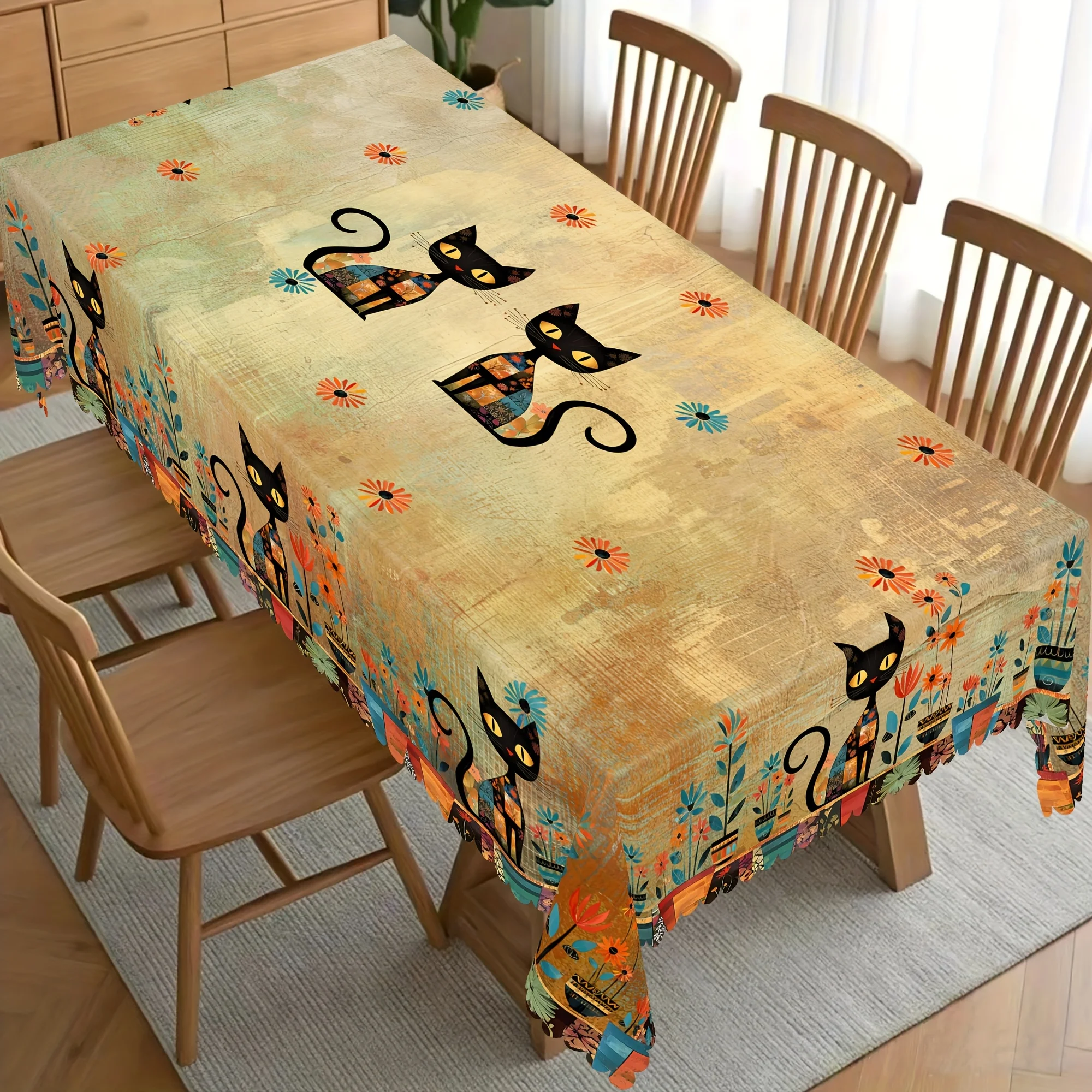 Bohemian Mandala tablecloth, vintage floral and cat patterned tablecloth,  suitablespring, Mother's Day, Valentine's Day, Easter