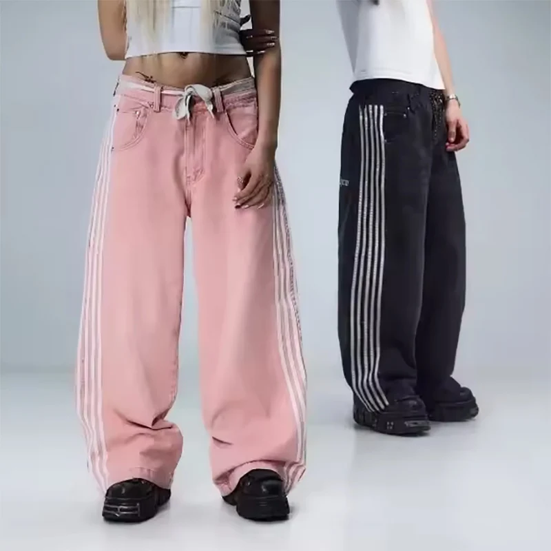 بنطلون جينز فضفاض على طراز هاراجوكو الأمريكي Y2K بنطلون جينز مخطط للرجال والنساء بنطلون غير رسمي واسع الساق سروال عصري عالي الشارع #3