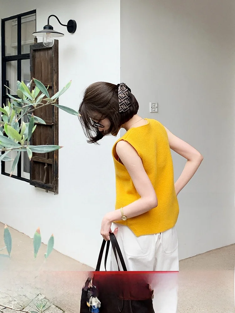 

ARE Guagua 100% Wool Lazy Style round Neck Vest Women Summer Elegant Loose Sleeveless Top Layering Clothing Fashionable