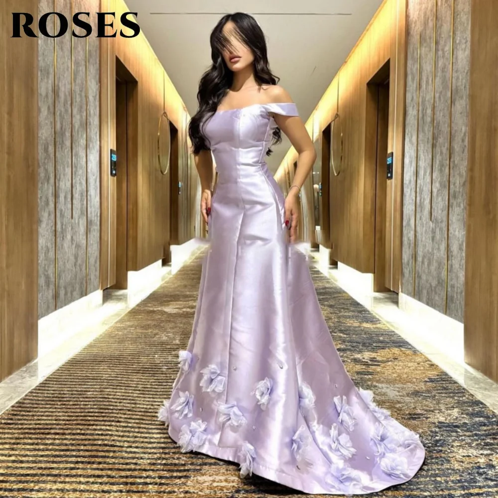 

ROSES Lilac Stain 프롬 드레 Pleats Off the Shoulder Prom Gowns with Flowers and A-Line Party Dresses for Formal Event Customized