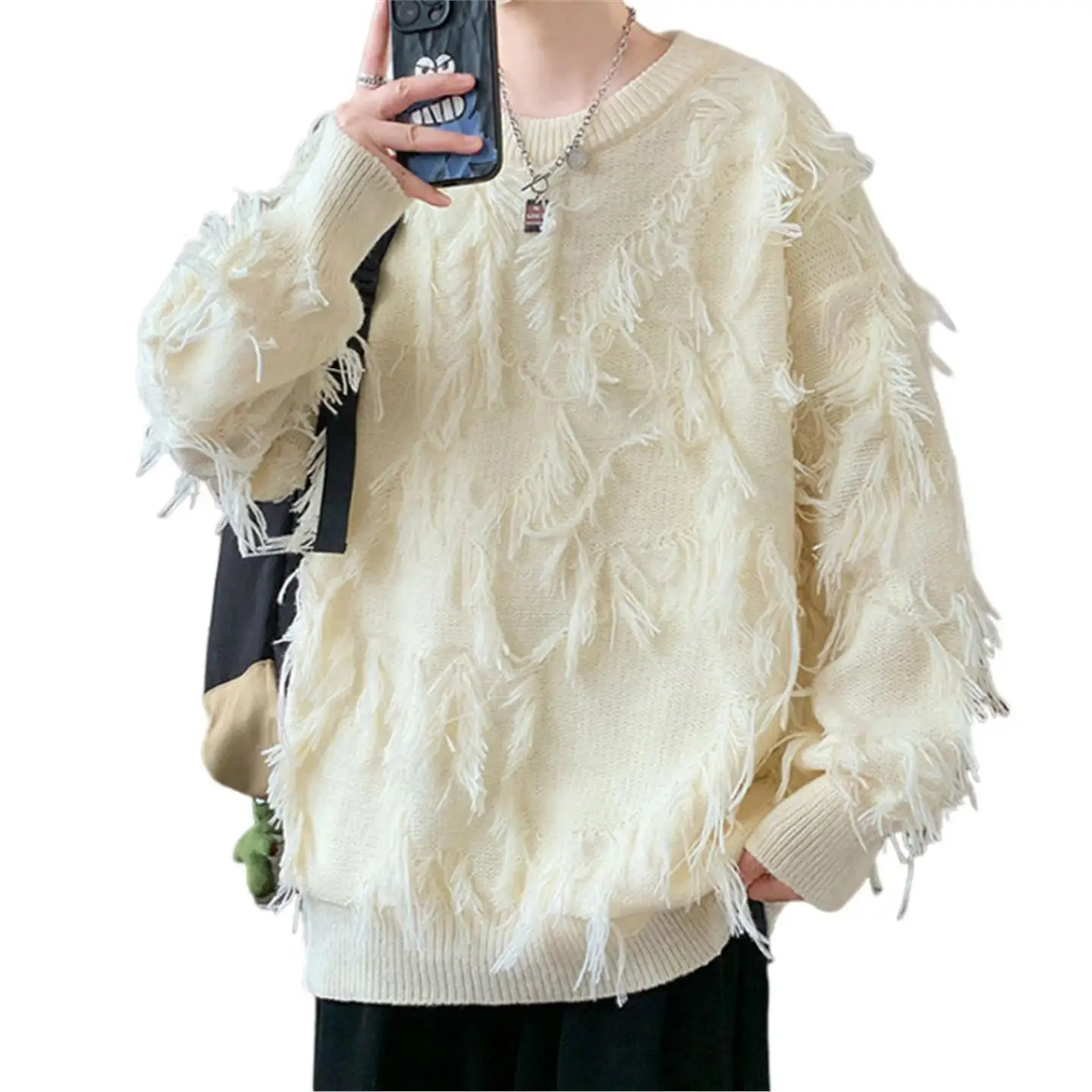 

Loose Fit Men's Knitted Sweater round Ne Casual Sle Autumn Winter Faion Brand Destroyed Knitwear Lazy Sle Hole Line Coat