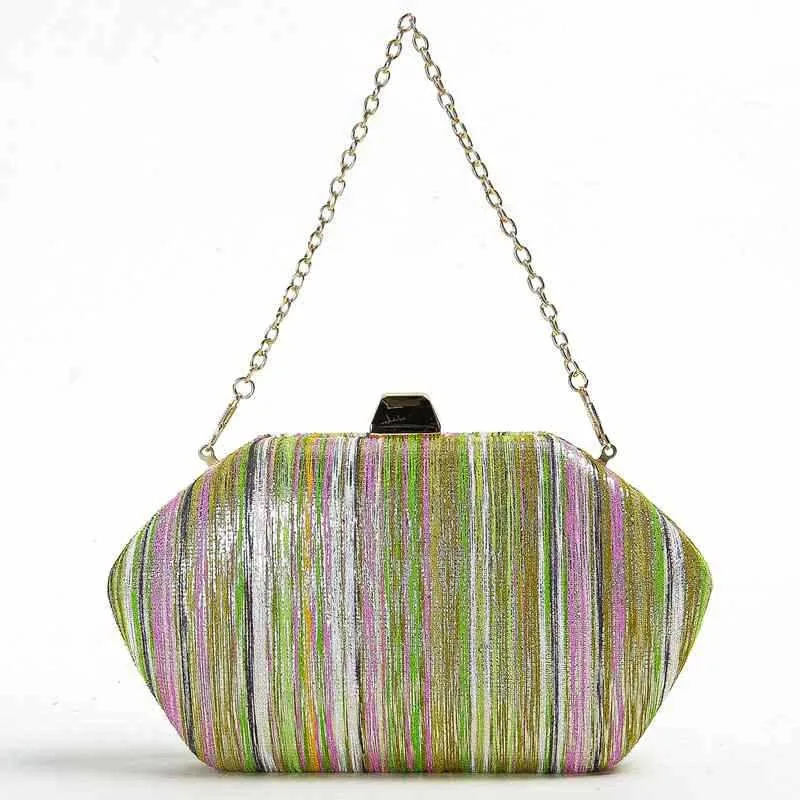 Multicolor Striped Hard Case Evening Bags Women Shiny Fabric Rhombus Clutch Purse Wedding Party Cocktail Handbag with Chain