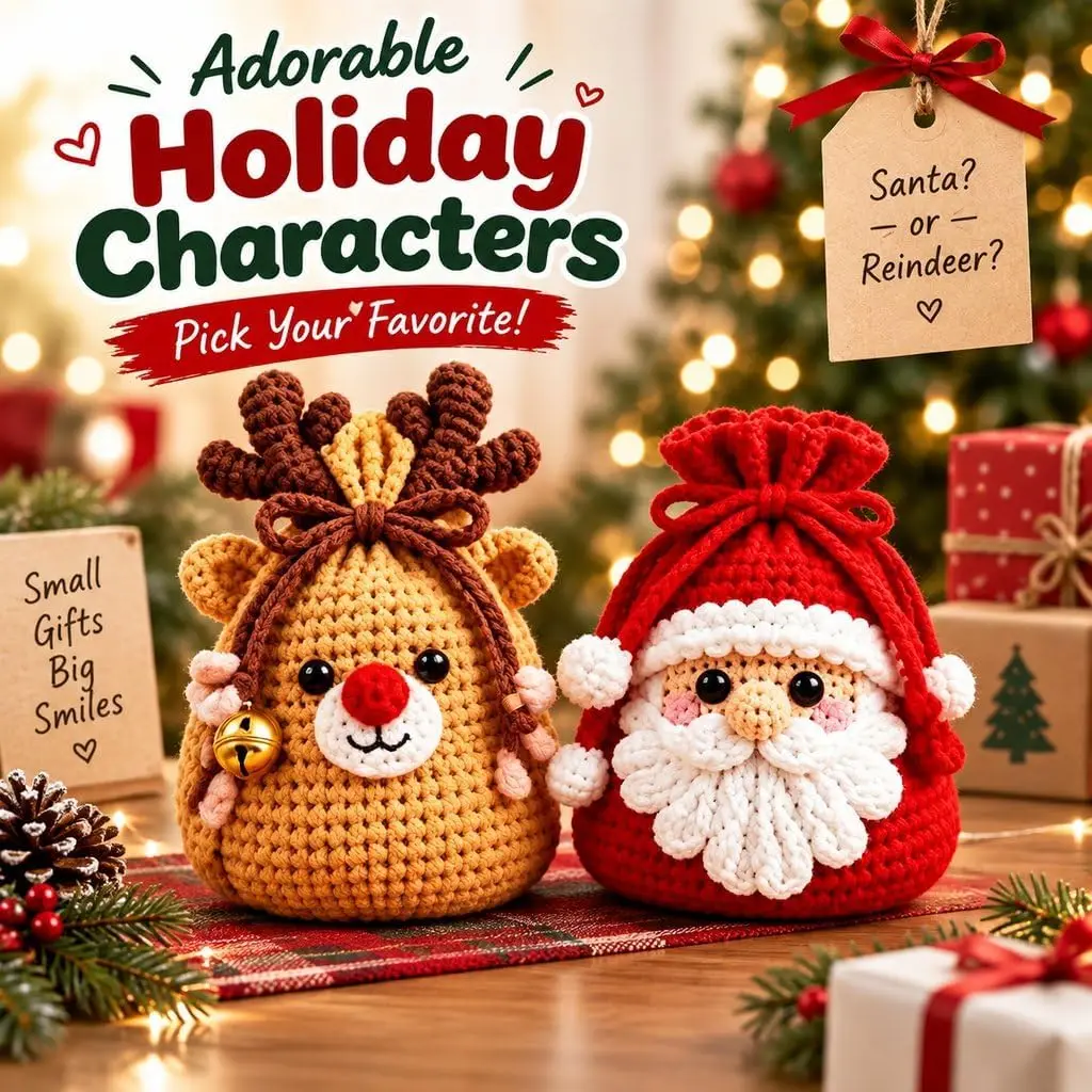 Christmas Crochet Character Gift Pouch DIY Christmas Knitting Kit for Holding Gift Cards Jewelry CReusable Drawstring Gift Bag