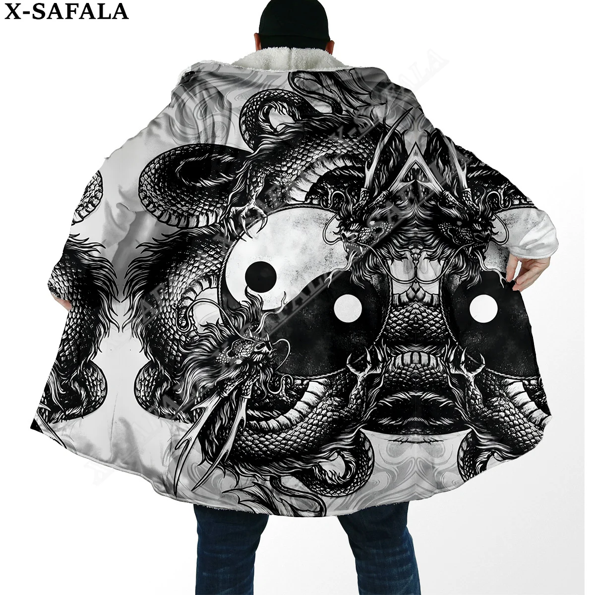 Yin And Yang Dragon Tai Chi Eight Trigrams Overcoat Coat 3D Print Thick Warm Hooded Cloak for Men Windproof Fleece Unisex Casual