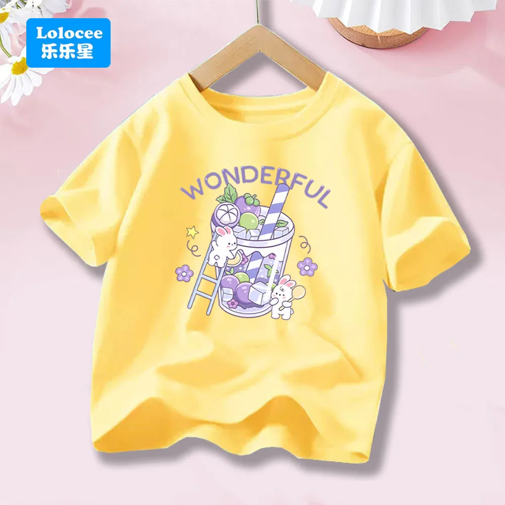 Girls Summer Short Sleeve Cotton T-shirt Fresh Fruit Drink And Bunny Print Kawaii Loose Kids Tops