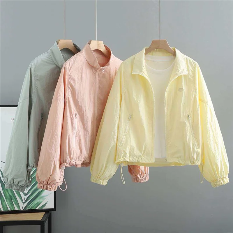 Women's Short Lightweight Drawstring Sun Protection Jacket Korean Style Loose Versatile Letter Collar Top Summer New Arrival