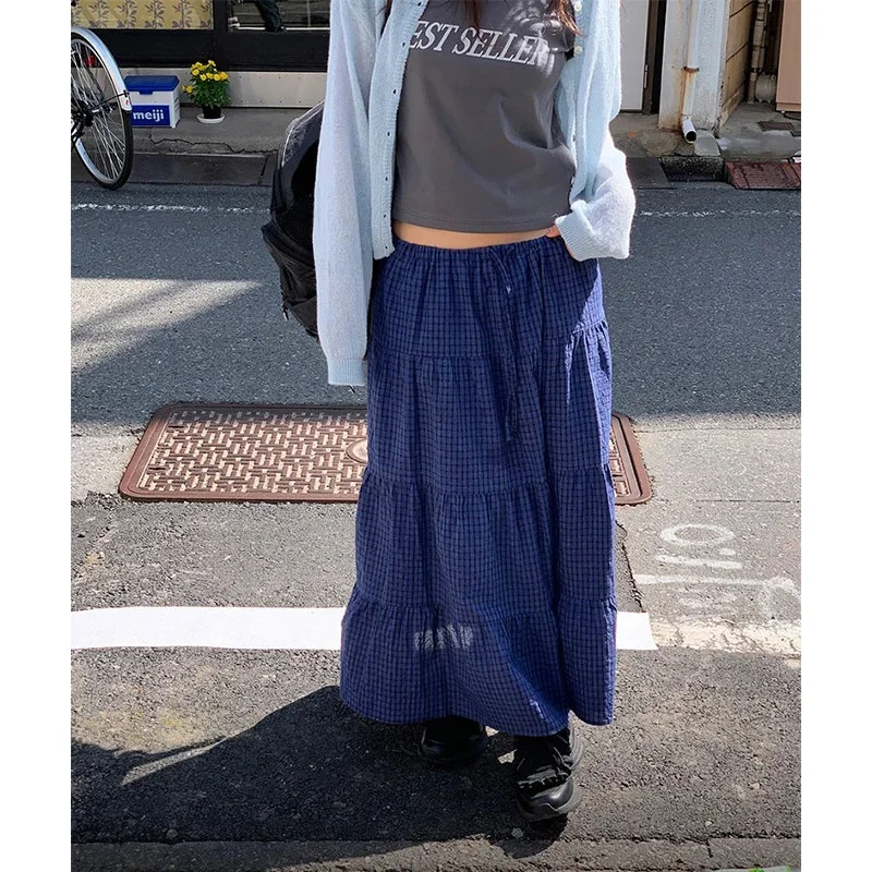 

Sweet Fre Korean Dongdaemun Summer 2025 Plaid Long ort Skirt Elastic Waist Gentle Sle Casual Cake Skirt Gingham
