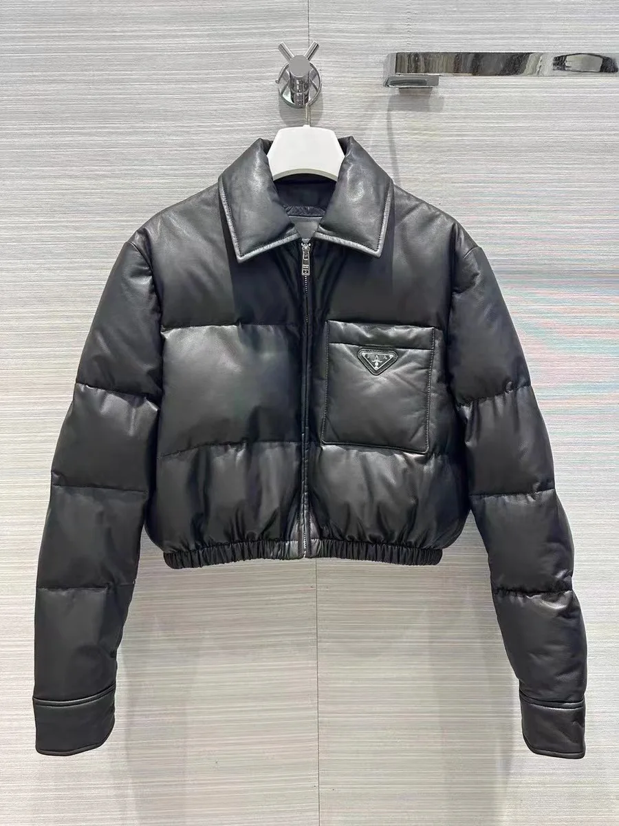 2023 Winter Fashion New Elastic Waist Genuine Leather Sheepskin and Cotton Short 90% White Duck Down Jacket E82