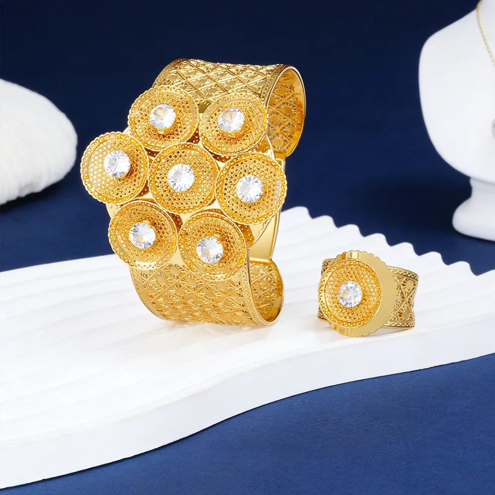 

Romantic Hollow Flower Open Bangle Ring Set For Women 24K Gold AU999 Flower symbolism adds grace to the elegant matching set