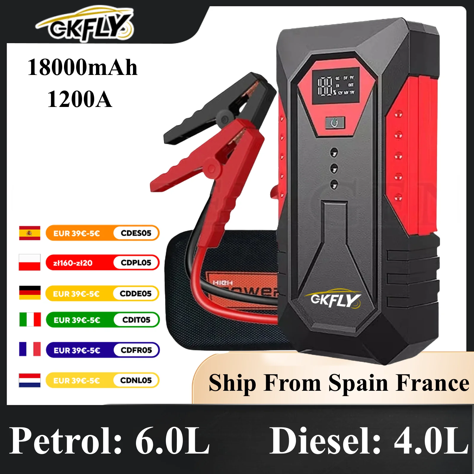 GKFLY 18000mAh Car Jump Starter Portable Power Bank Car Battery Booster 12V Car Starting Device for Petrol  6.0L Diesel 4.0L