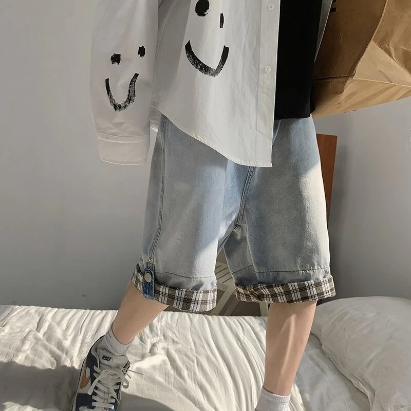 

Men's Summer Plaid Denim Shorts Loose Fit Casual Five Pocket Streetwear Hip Hop Style Wide Leg Cropped Pants