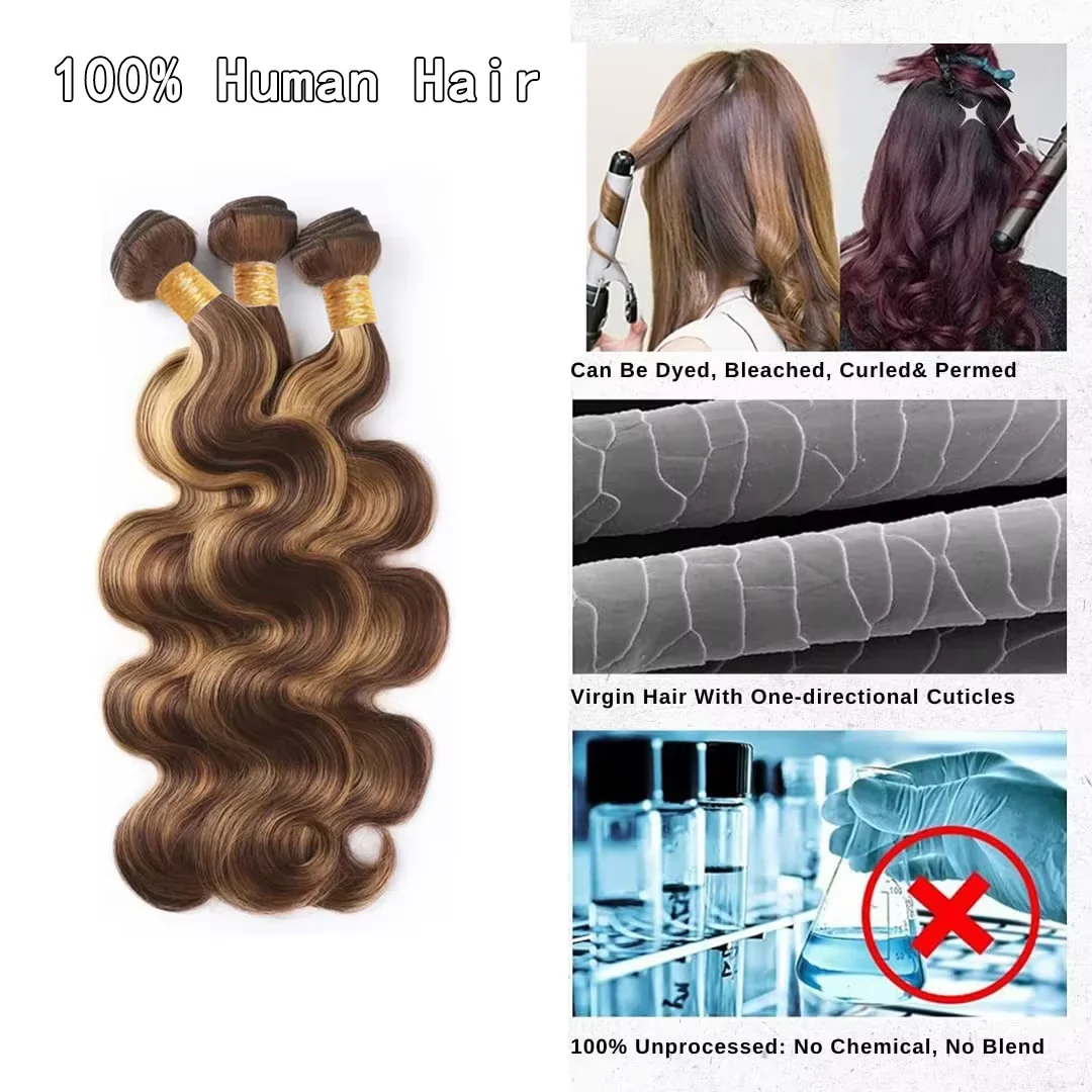 Parrucche per capelli umani Ombre da 30 pollici Biondo miele Evidenzia 4/27 Fasci di capelli umani colorati dell'onda del corpo 4/5 pezzi Estensione dei capelli brasiliani