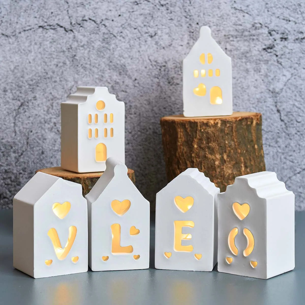 Four European Style Houses Silicone Mold DIY Handmade Heart LED Atmosphere Lighting Houses Plaster Resin Craft Casting Molds