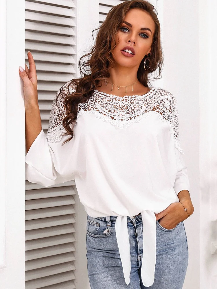 Spring Vintage Embroidery Lace Women Blouses Fashion Sexy Solid Shirts New Office Lady Elegant Tops