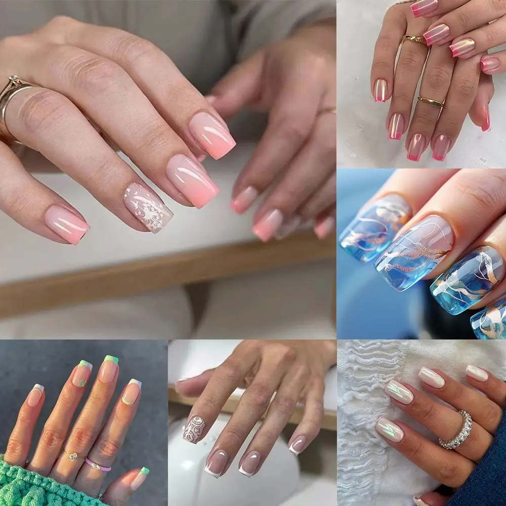Faux ongles carrés longs à la mode, fleur à paillettes, aurore, français, couverture complète, pointes détachables pour femmes et filles