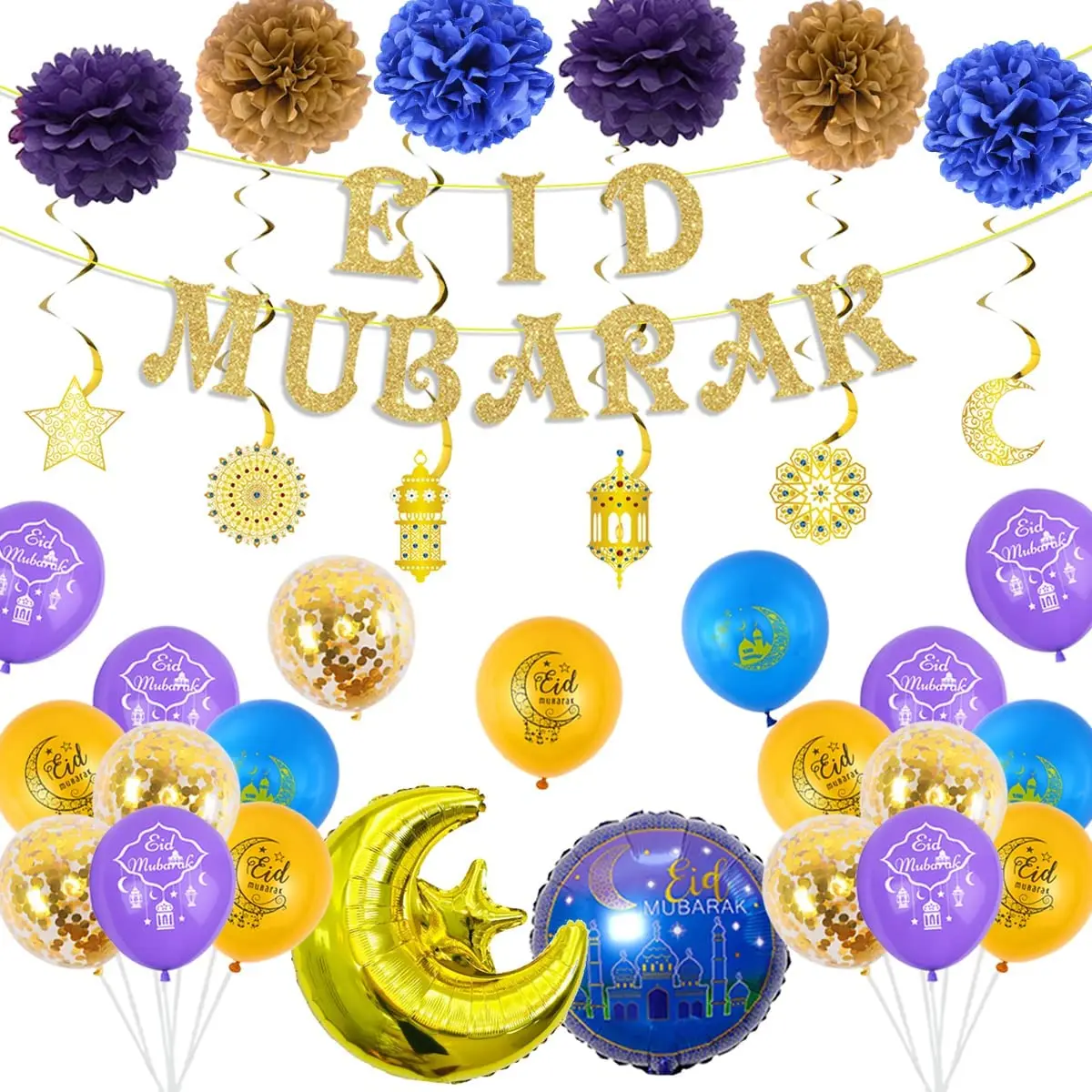 

Cheereveal Eid Decorations for Home Eid Mubarak Banner and Balloons Ramadan Mubarak Ceiling Decor Hanging Swirls Pom Poms Flower