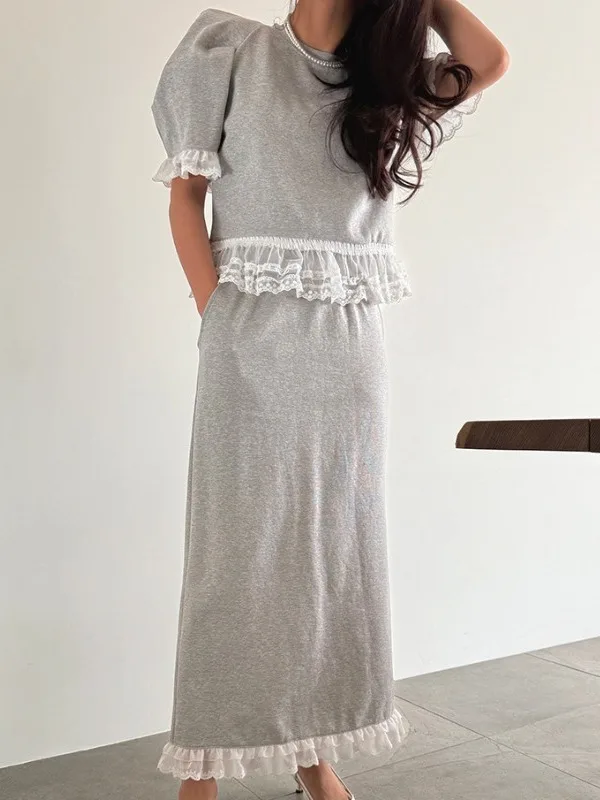 

Faionable Two-Piece Set High Waist Slimming f Skirt ort Sve T-irt Women's Summer New Sle Lace Splicing