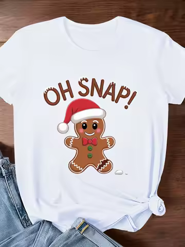 Women's Funny "Oh Snap!" Gingerbread Cookie Graphic Printed T-Shirt Christmas Casual Short Sleeve Top Women Clothing