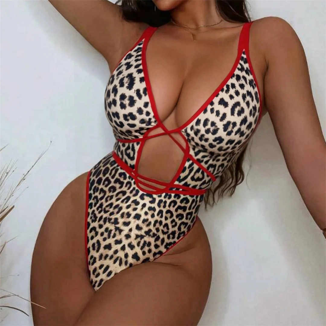Umlege-Badeanzug mit Leopardenmuster und tiefem V-Ausschnitt für Damen, einteiliger Badeanzug, Monokini mit hohem Beinausschnitt, Badebekleidung, Badeanzug, Modell V6804. – Detail 7