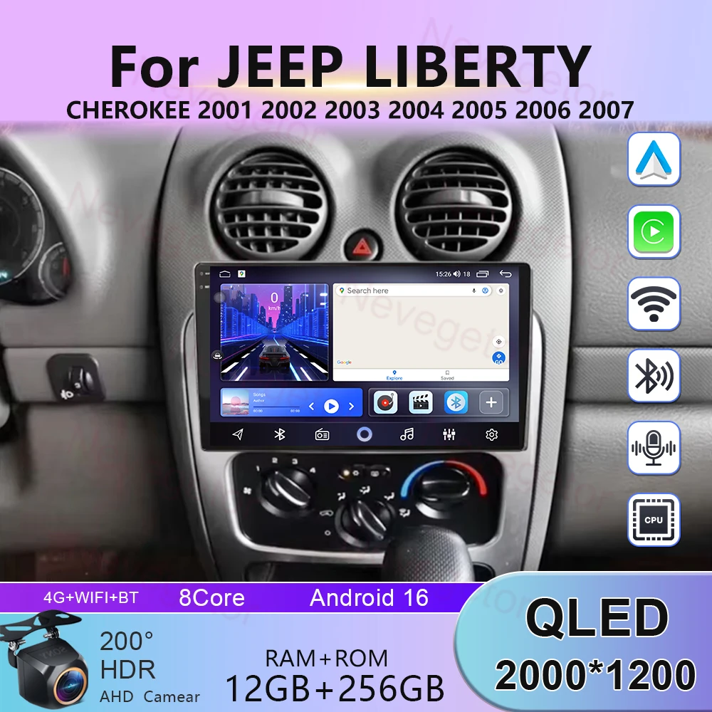 Carplay 4G Android 16 For JEEP LIBERTY CHEROKEE 2001 2002 2003 2004 2005 2006 2007 Car Radio Multimedia Video Player Navigation