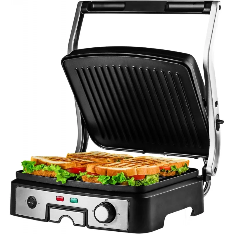 Electric panini press sandwich maker, 1500W Indoor Grill with non-stick coated plates, temperature control & removable drip tray