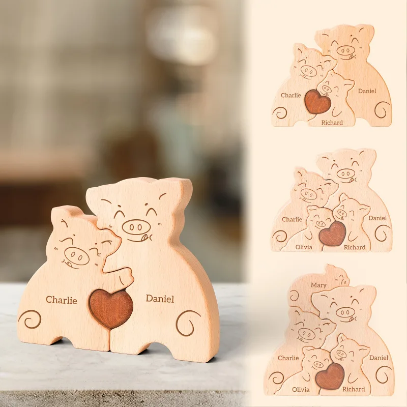 لغز عائلة الخنزير الخشبي المخصص، زينة اسم العائلة المخصصة، هدية خنزير علوية لتزيين المنزل في الذكرى السنوية لعيد الميلاد #2