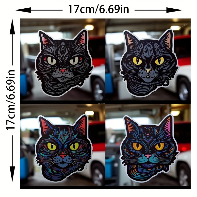 4 Pcs Set Art Line Black Cat Head Sticker, Waterproof Decals for Car & Motorcycle