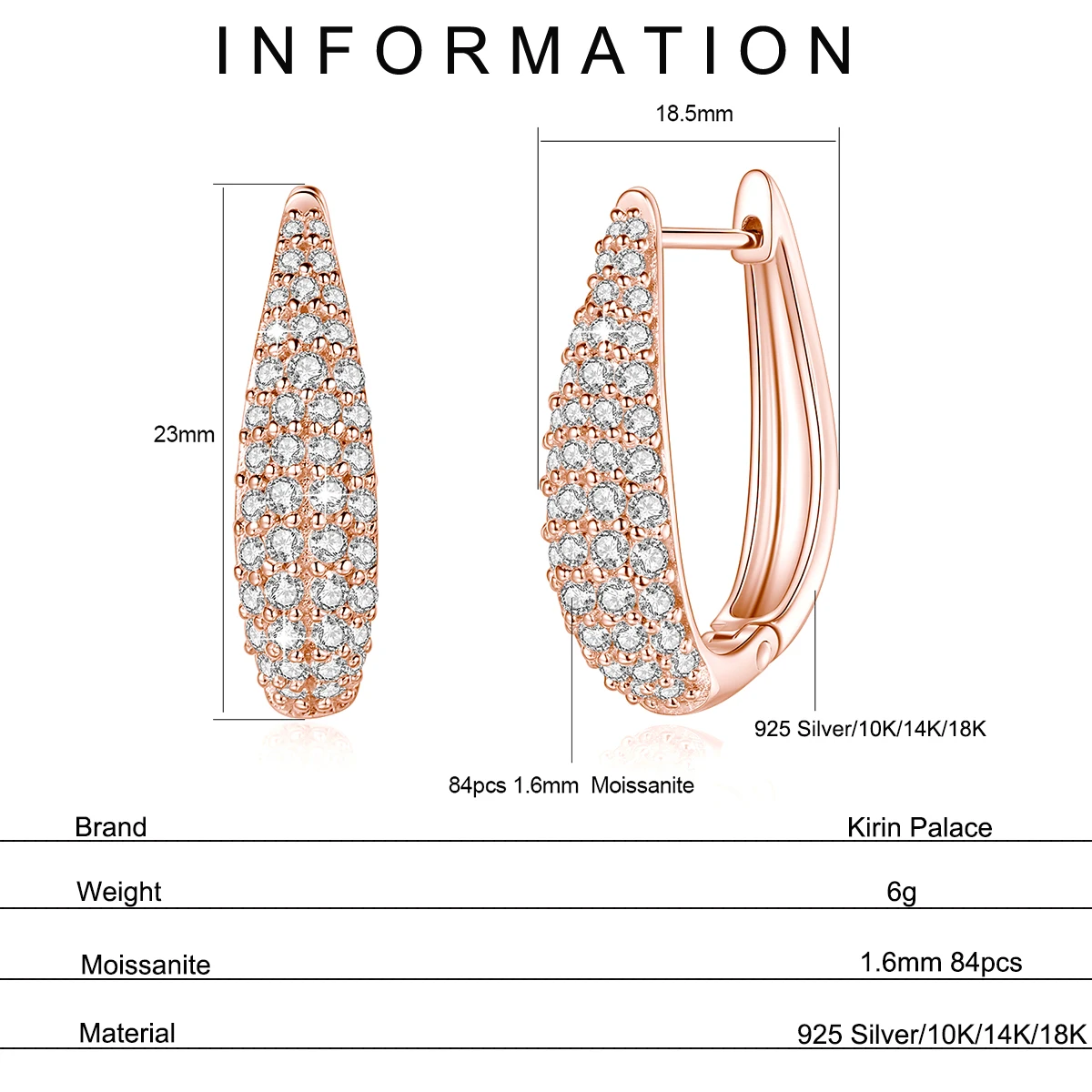 Kirin Palace 2.5CT D Color Moissanite Hoop Earring Rose Gold Real 18K 750 14K 585 Gold Earrings for Women Sparkling Fine Jewelry
