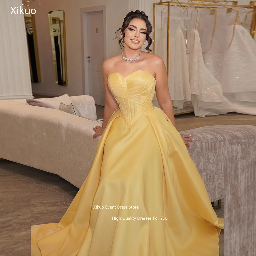 

Xikuo A Line Милые желтые атласные вечерние платья на шнуровке сзади Robe De Soirée Femme Высококачественные вечерние платья по индивидуальному заказу