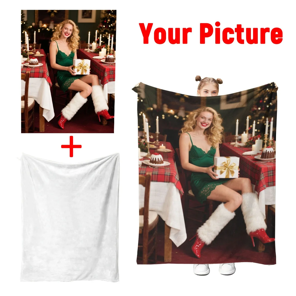 1 individuelle Weihnachts-Paar-Foto-Flanelldecke – hochauflösender Druck, das nicht verblasst, leicht, hautfreundlich, maschinenwaschbar, geeignet für Schlafzimmerbetten, Schaufen auf dem Sofa,