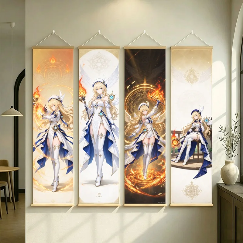 Hanging Scroll Wall Art of Genshin Impact Nicole Reeyn with White and Gold Fantasy on Silver Shimmer Canvas for an Anime Bedroom