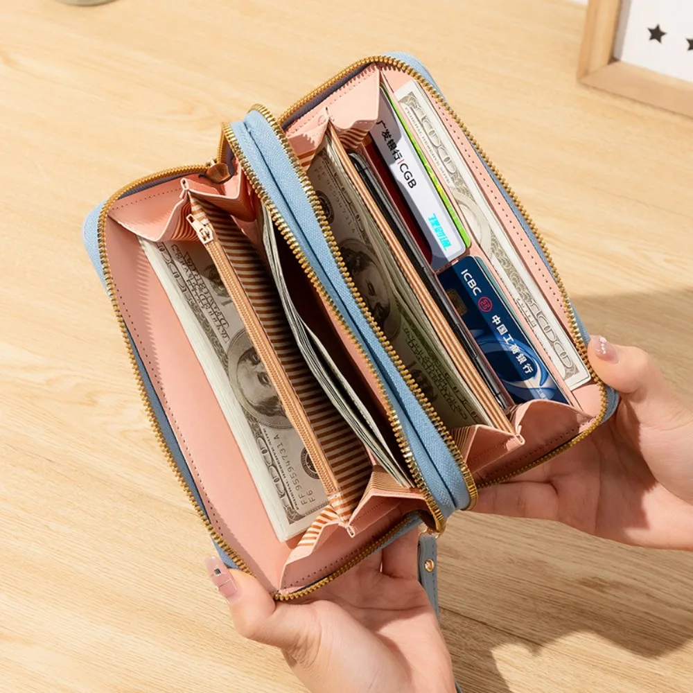 Dompet Panjang Ritsleting Ganda untuk Wanita Dompet Koin Bordir Bunga Fashion Tempat Kartu Tas Uang Ponsel Clutch Kulit PU Wanita