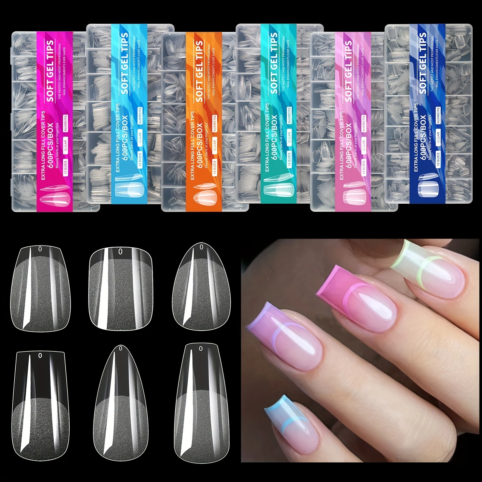 600pcs Gel Nail Tips Half Matte Clear Acrylic Nail Tips False Nail Tips for Nail Extension Manicure Tools for Nail Art Salon