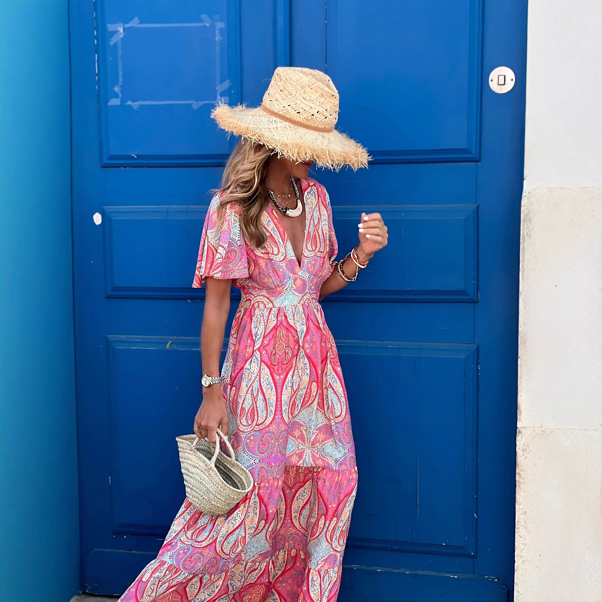 

Red Print Long Dresses Women Fashion Temperament Vacation Style Dress V-neck Bell Short Sleeves A-line Maxi Vestidos Summer New