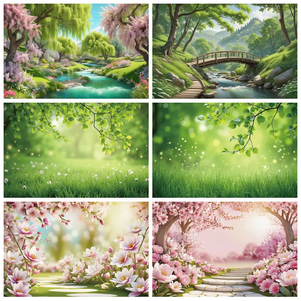 

MOON.QG Spring Landscape Photography Backdrop Cherry Trees Wood Flower Photocall Background Children Studio Photozone Supplies