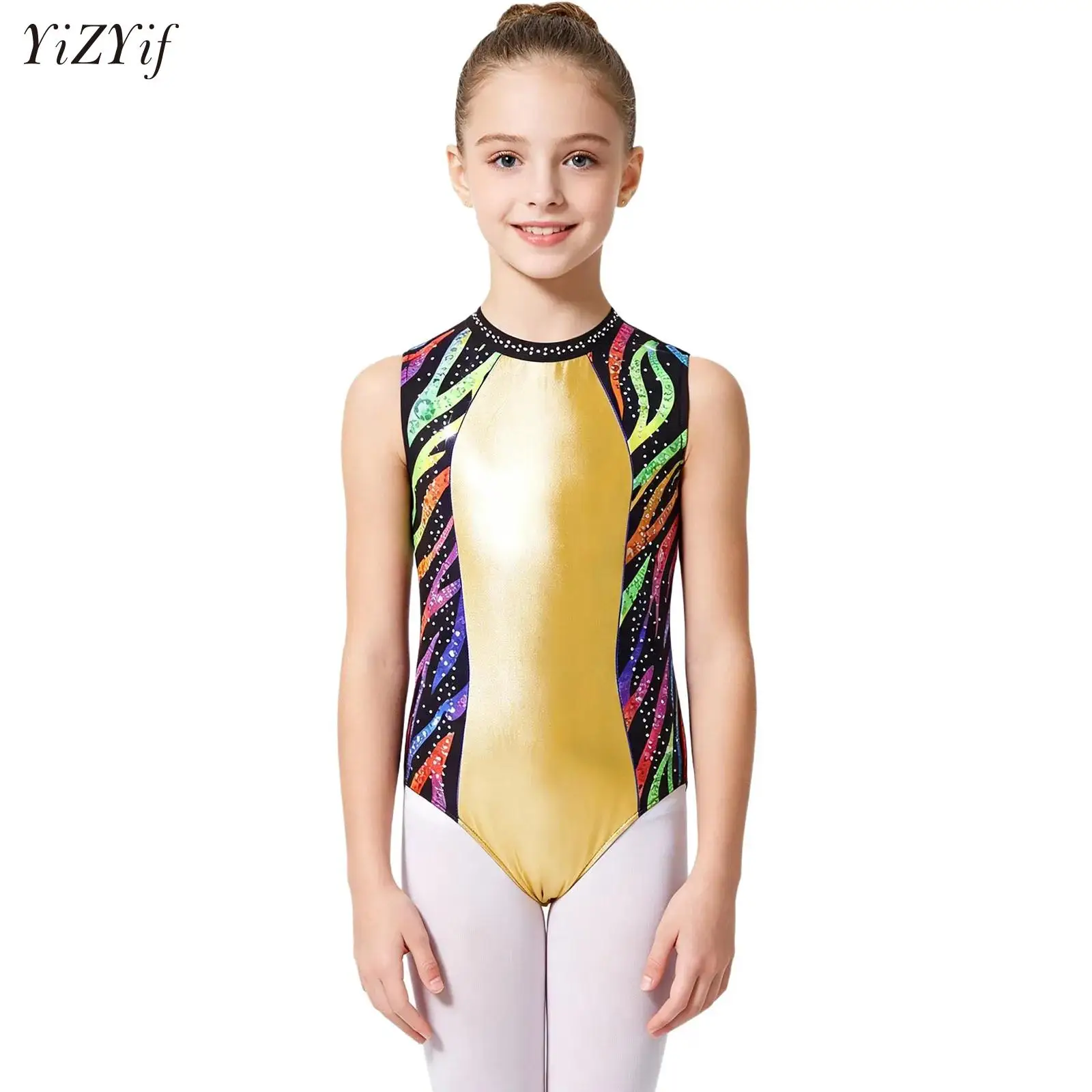 

Sparkly Rhinestones Unitards Kids Girls Children Sleeveless Artistic Rhythmic Gymnastics Leotards Costumes Ballet Dancewear
