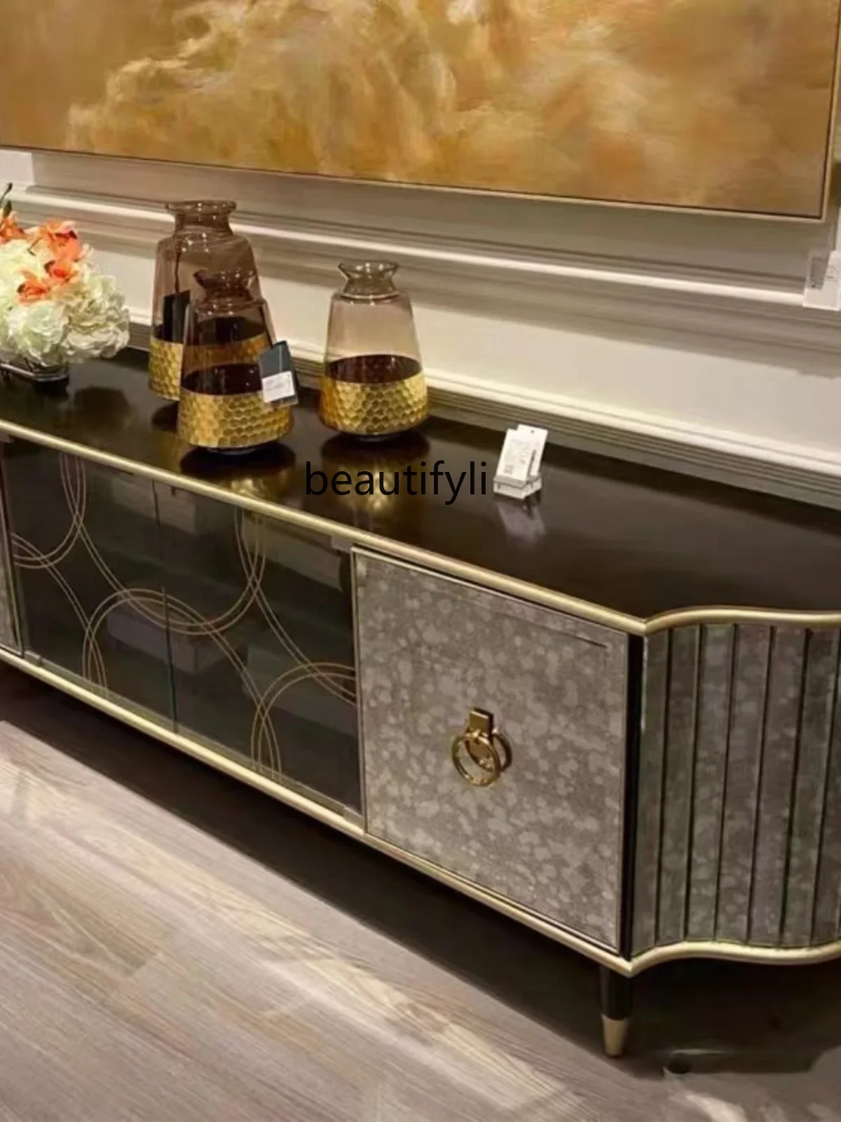 

zxqAmerican Living Room Solid Wood TV Cabinet Coffee Table Combination French Italian Glass Surface Audiovisual Cabinet