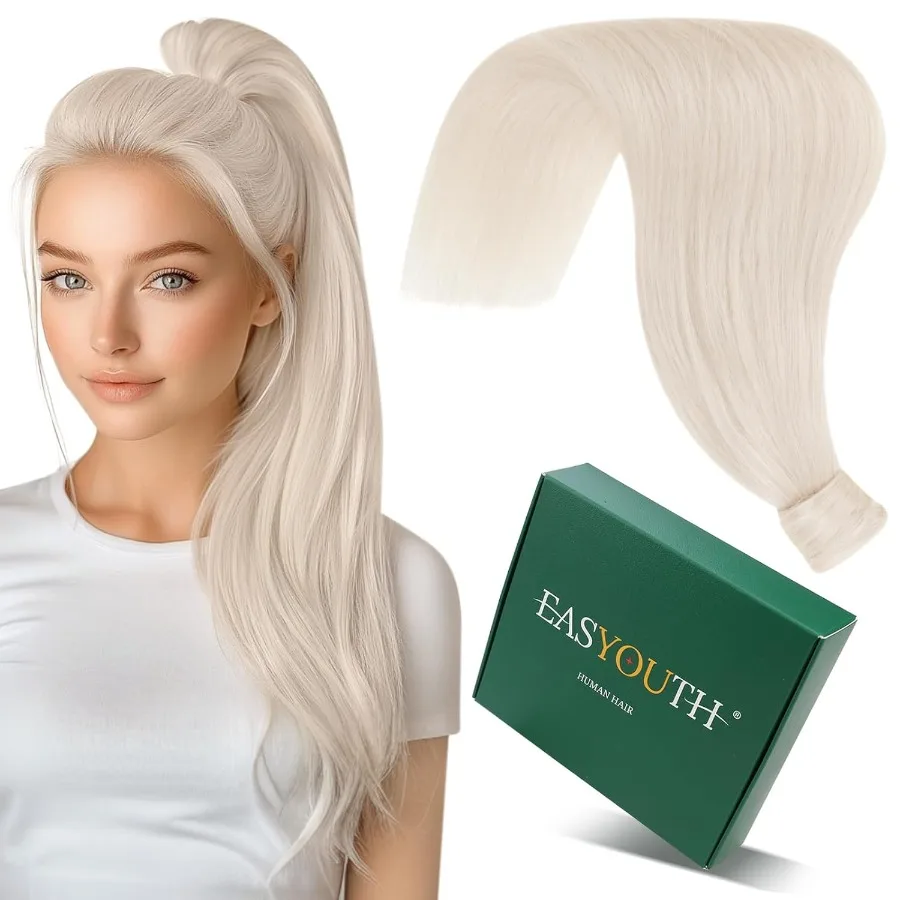 وصلات شعر بشري أشقر طبيعي المظهر على شكل ذيل حصان للارتداء اليومي والمناسبات الخاصة 12 بوصة وصلات شعر أشقر أبيض مع